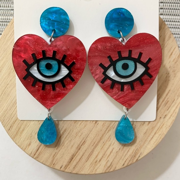🔥 S O L D Evil Eye Love Heart Statement Earrings - Deep Red - Acrylic - Picture 8 of 9